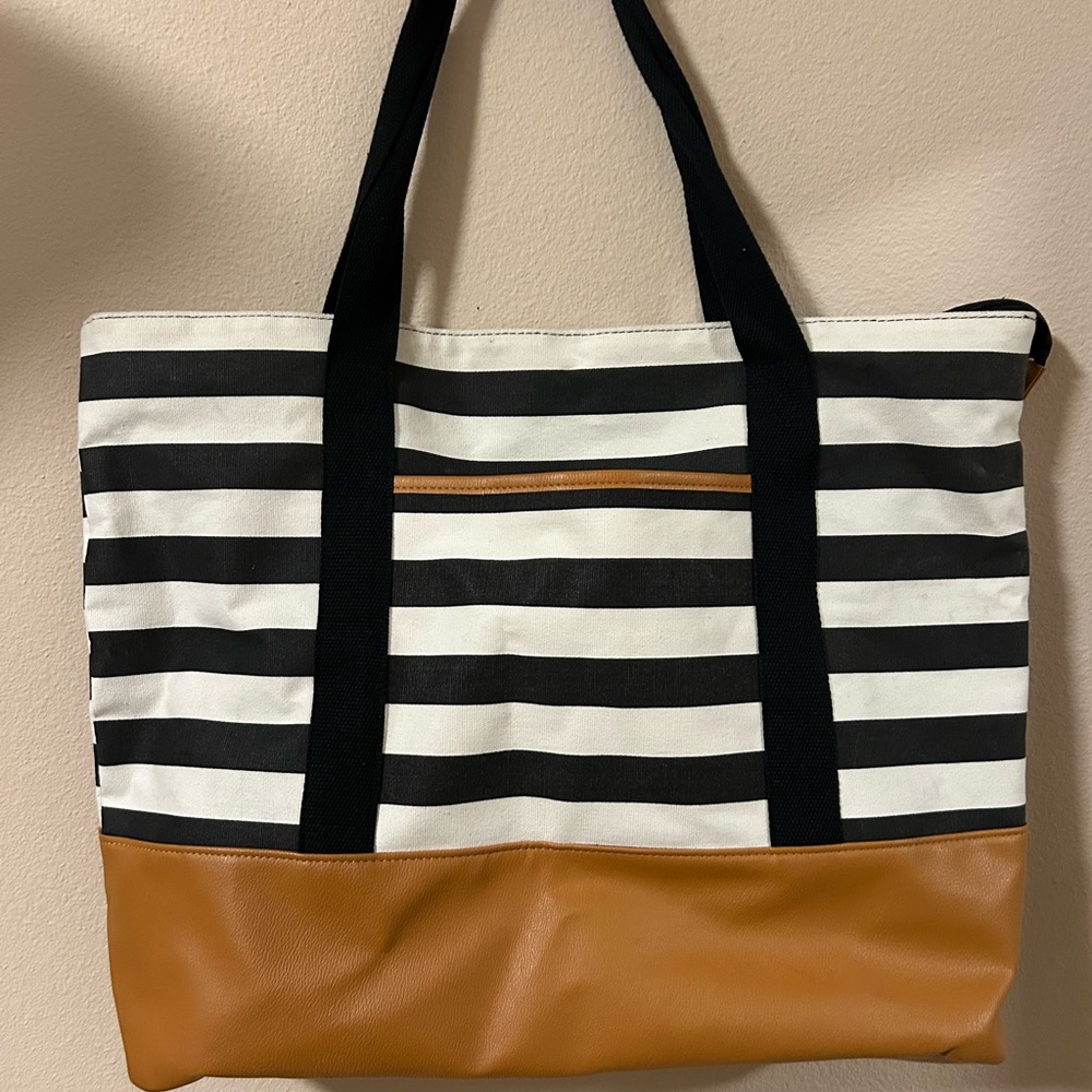 Striped Black and White CanvasTote Bag with Faux Leather Tan Accents Bottom